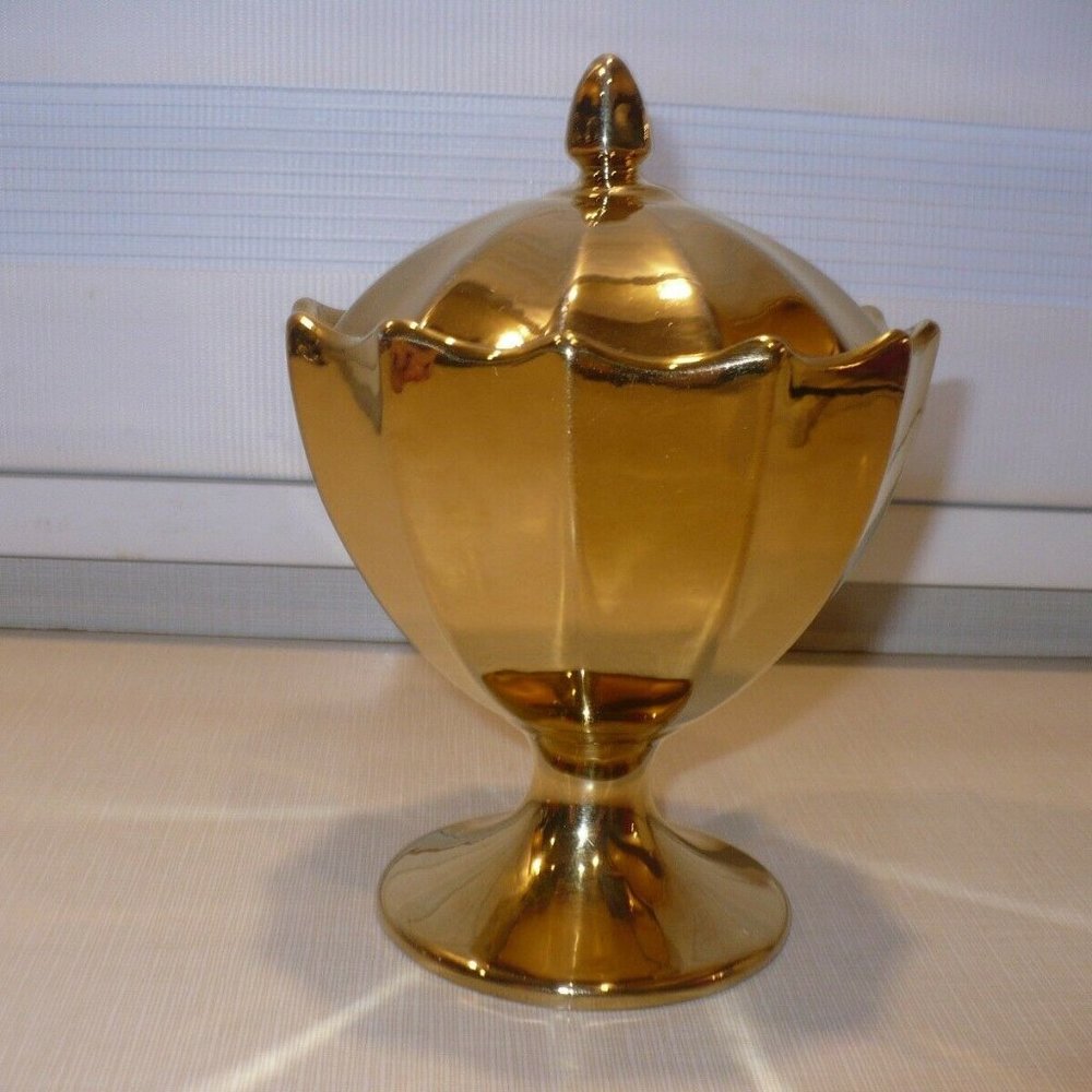 Vintage Royal Winton Gold w / Lid Trinket Jar Candy Nut peppermint Dish